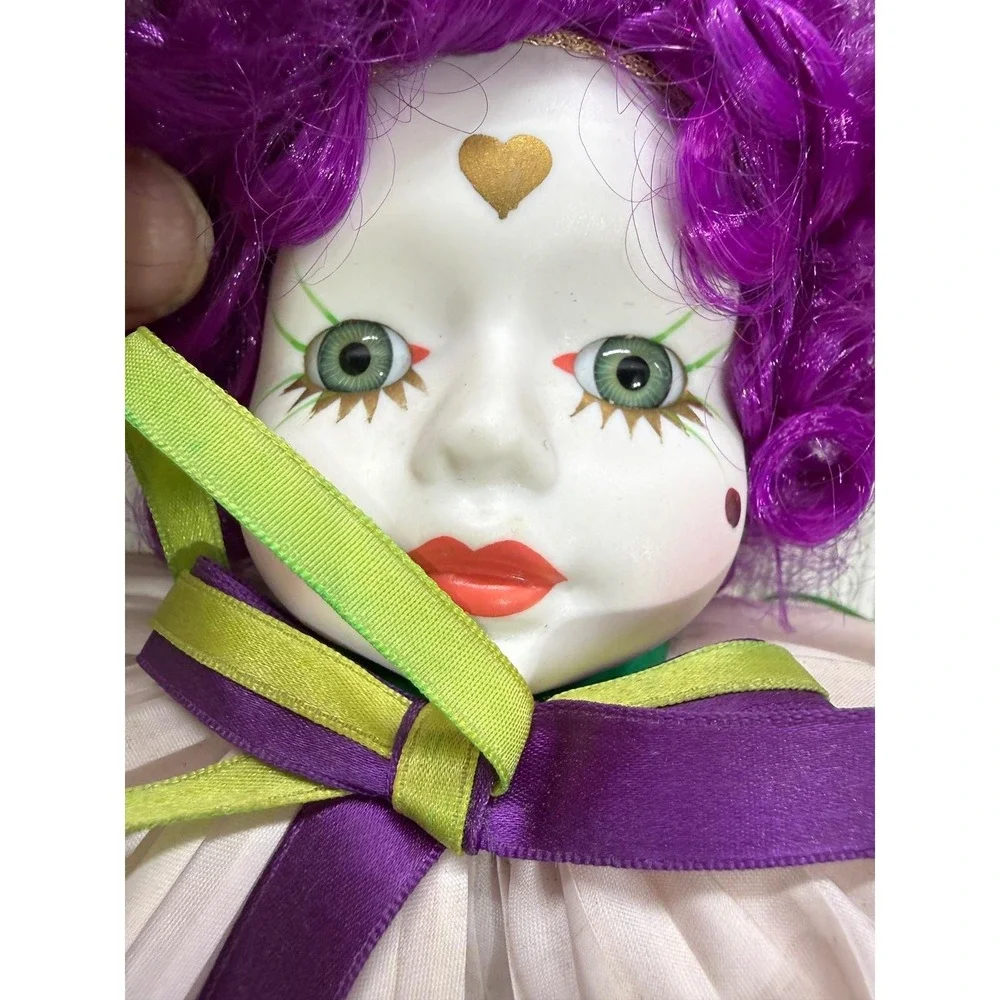 Betty Jane Carter Musical Porcelain Clown Doll Mardi Gras Purple Green Gold 16